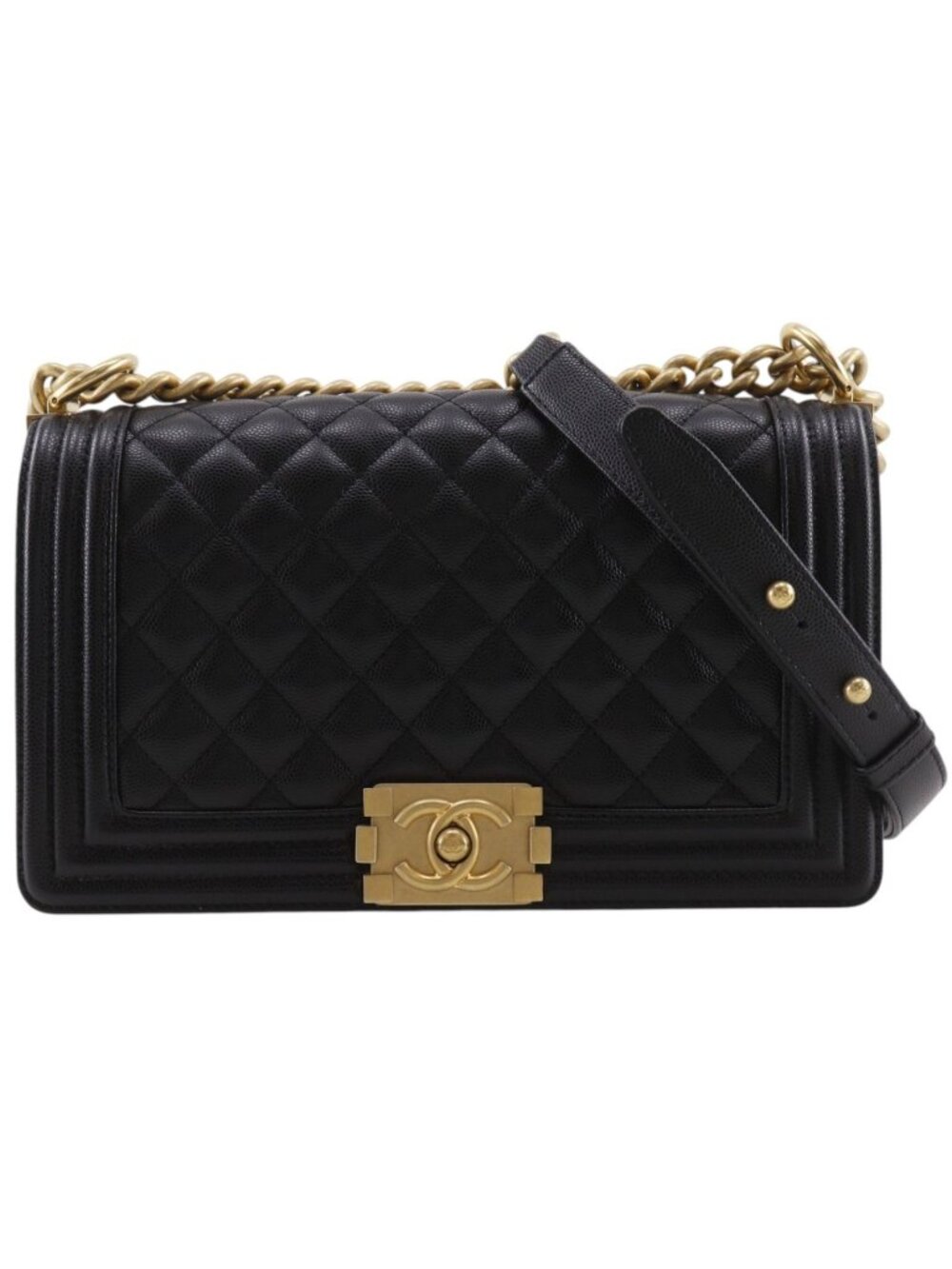 Chanel Boy 25 Chain Shoulder Caviar Leather Black Gold Bag